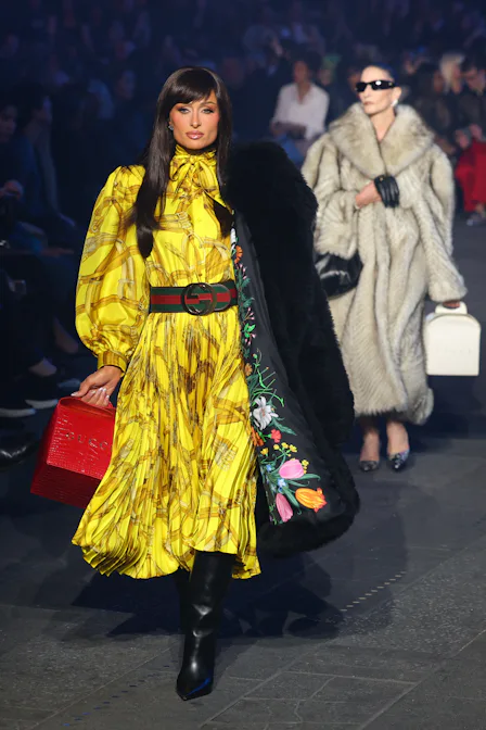 Paris Hilton walks the runway during the Gucci Cruise 2027 collection fashion show at Times Square i...