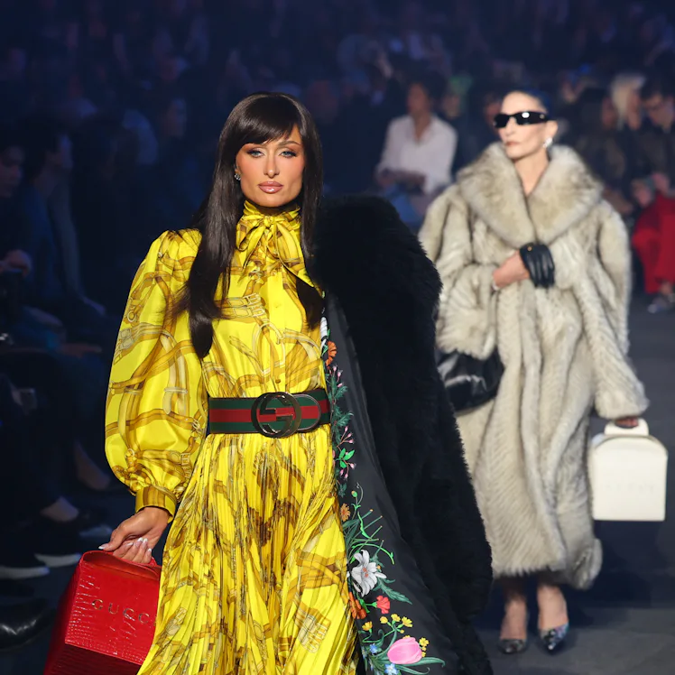 Paris Hilton walks the runway during the Gucci Cruise 2027 collection fashion show at Times Square i...