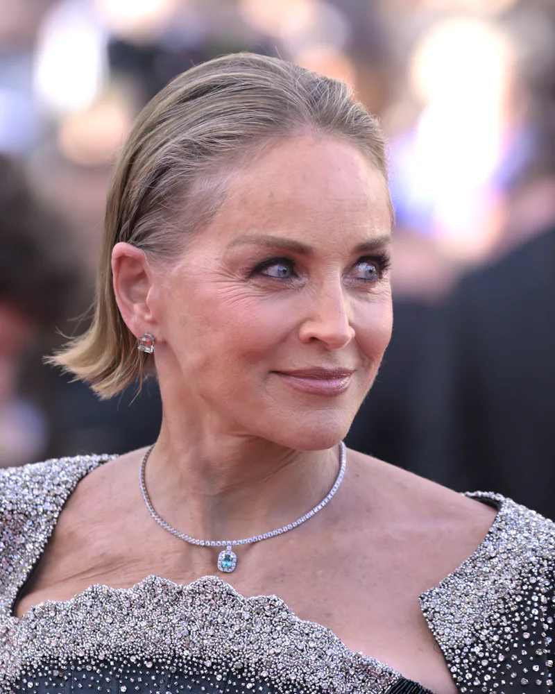 Sharon Stone at Cannes with cool, smoky glam makeup