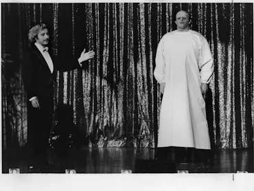 CIRCA 1974: Gene Wilder introduces Peter Boyle in a scene from the movie "Young Frankenstein" circa ...