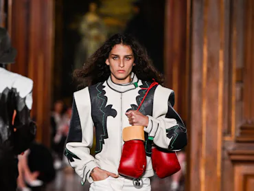 Model on the runway at the Louis Vuitton 2027 Cruise Collection Show on May 20, 2026 in New York, Ne...