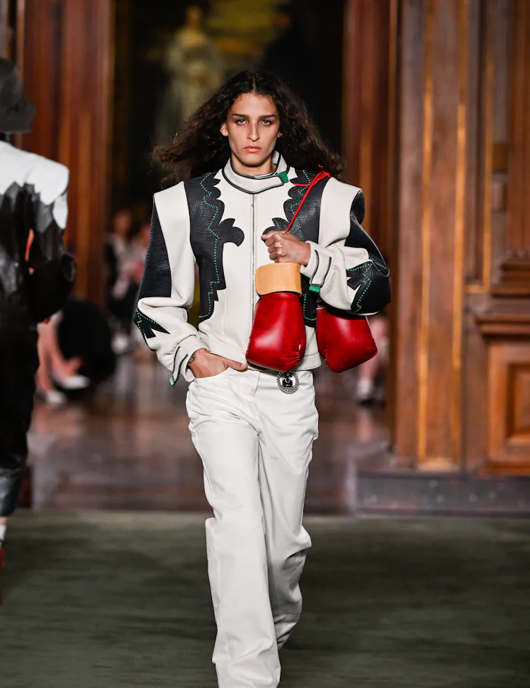 Model on the runway at the Louis Vuitton 2027 Cruise Collection Show on May 20, 2026 in New York, Ne...