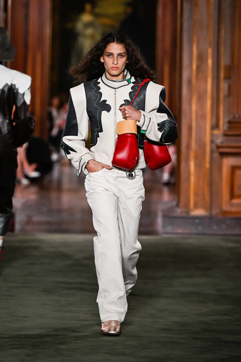 Model on the runway at the Louis Vuitton 2027 Cruise Collection Show on May 20, 2026 in New York, Ne...