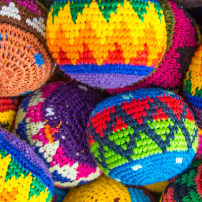 Group of knitted hacky sacks or footbags for sale in Guatemala
