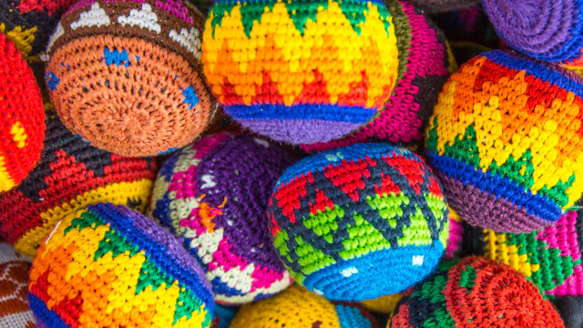 Group of knitted hacky sacks or footbags for sale in Guatemala