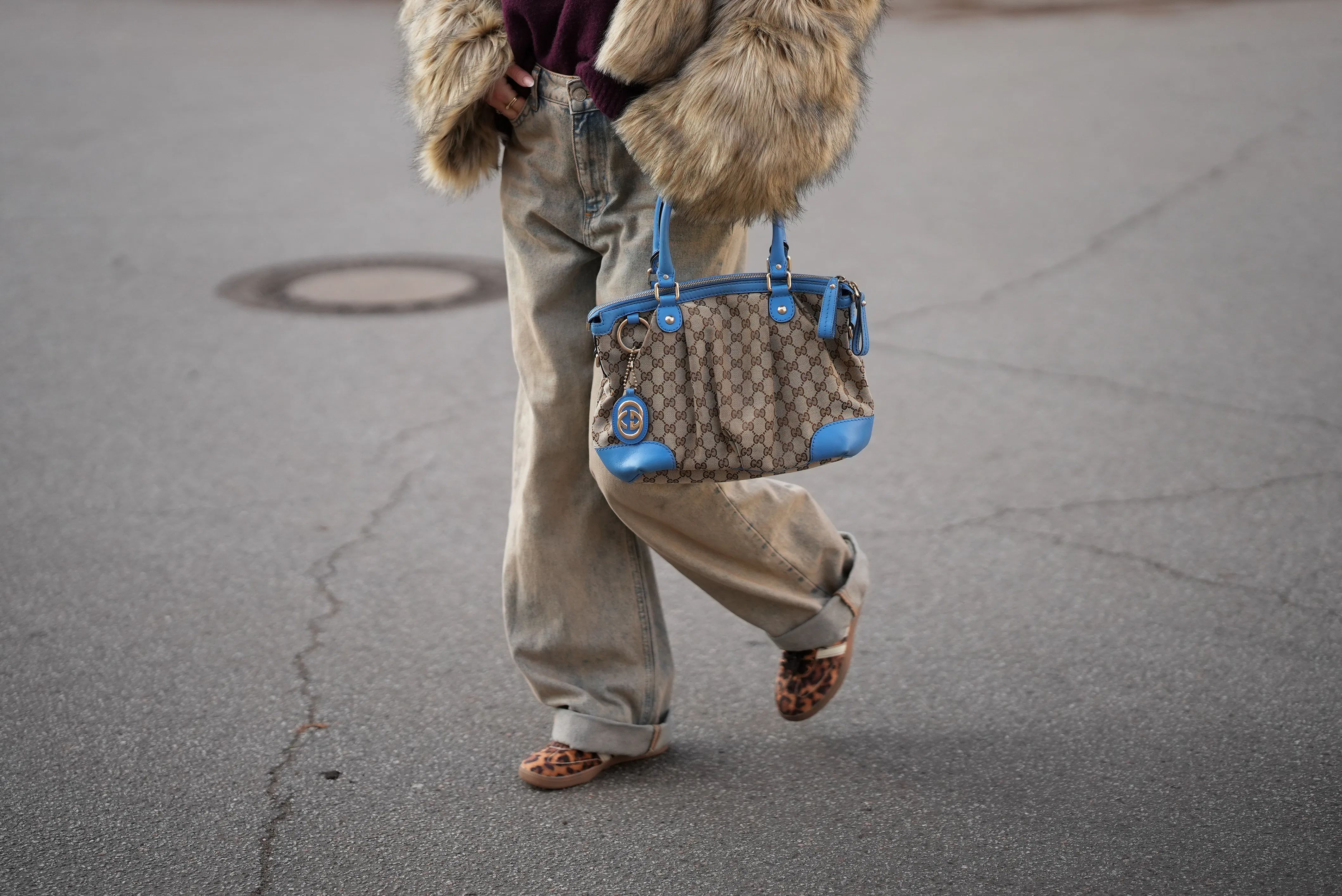FRANKFURT AM MAIN, GERMANY - JANUARY 21: Julia Kammerer is seen wearing a shaggy light brown faux fu...