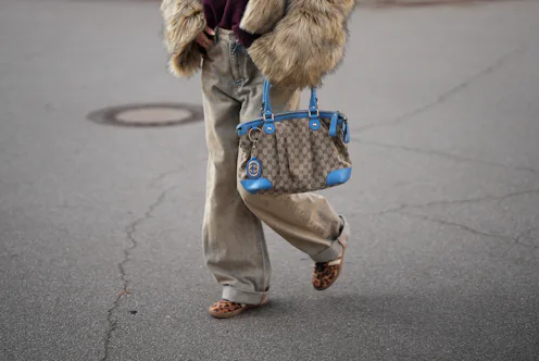 FRANKFURT AM MAIN, GERMANY - JANUARY 21: Julia Kammerer is seen wearing a shaggy light brown faux fu...