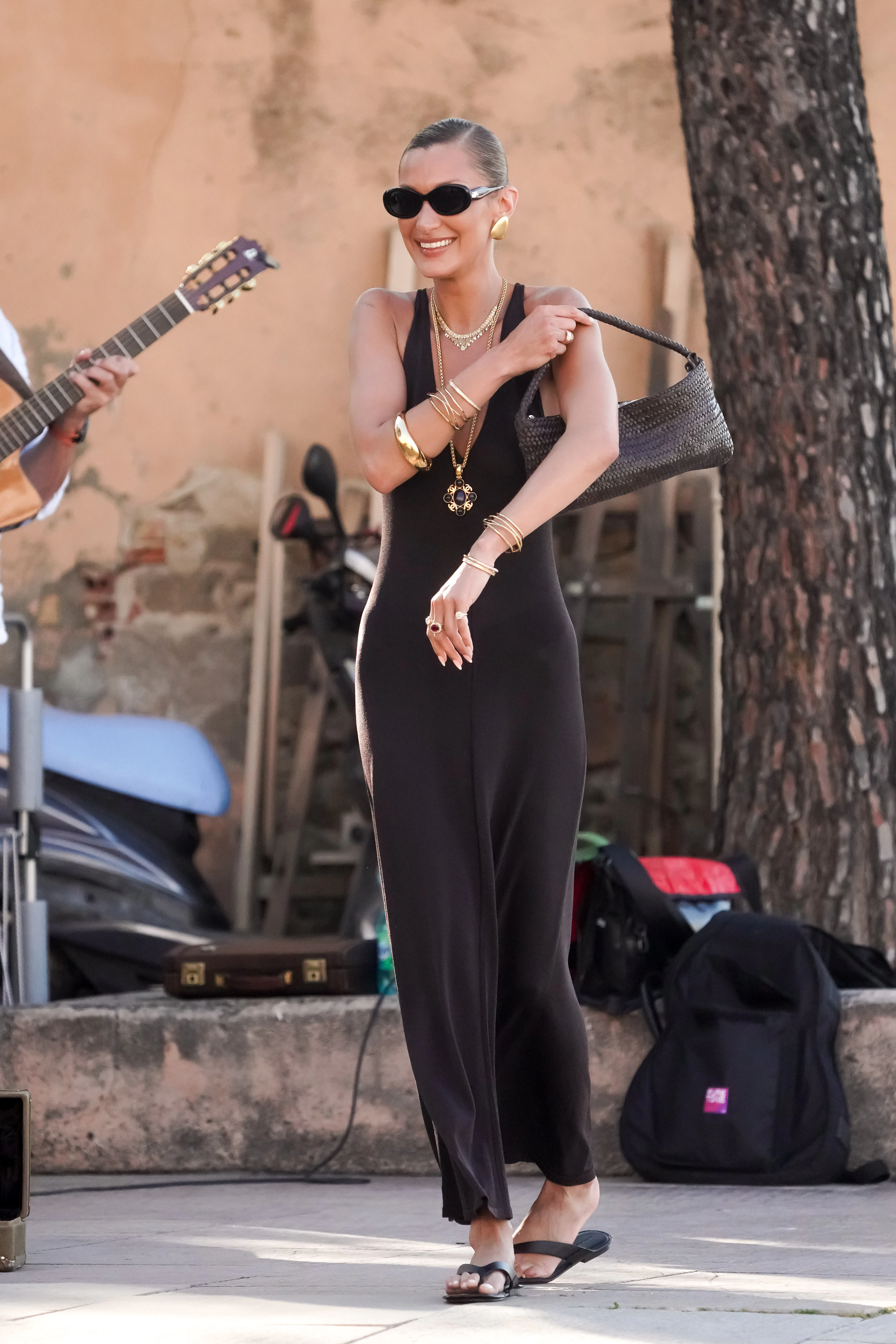 SAINT-TROPEZ, FRANCE - MAY 24: Bella Hadid is seen wearing total look Massimo Dutti on May 24, 2026 ...