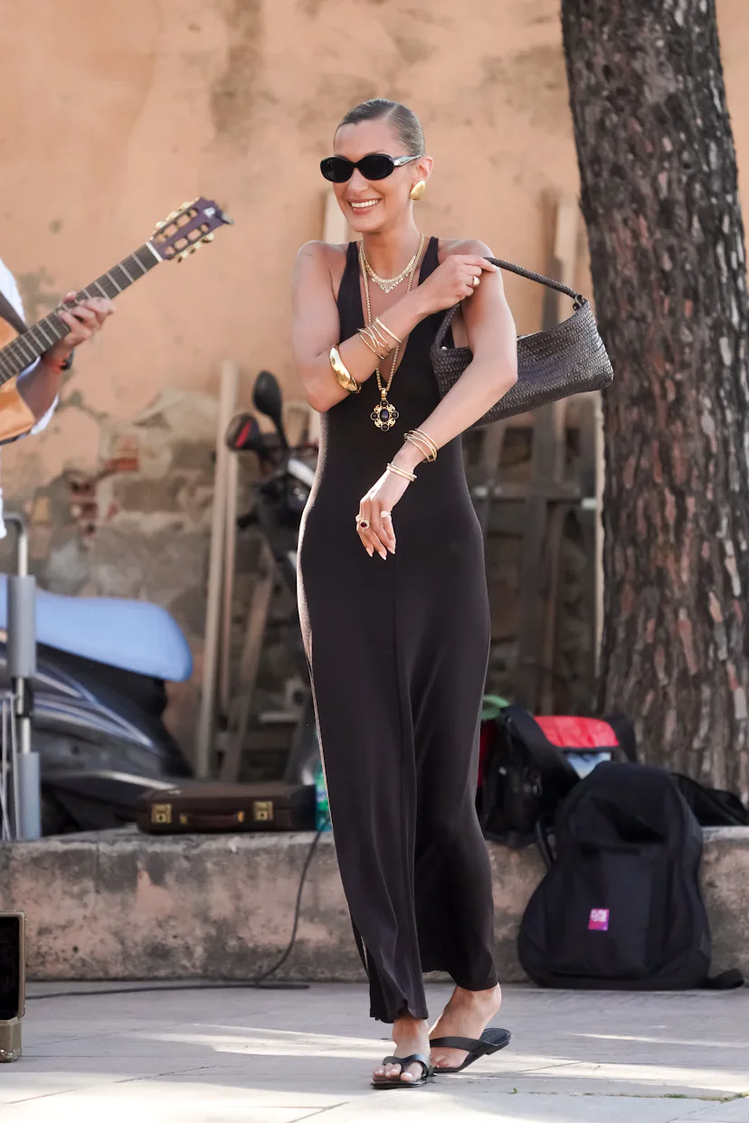 SAINT-TROPEZ, FRANCE - MAY 24: Bella Hadid is seen wearing total look Massimo Dutti on May 24, 2026 ...