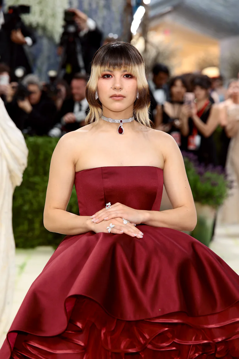 Alysa Liu with dark red eyeshadow at the 2026 Met Gala