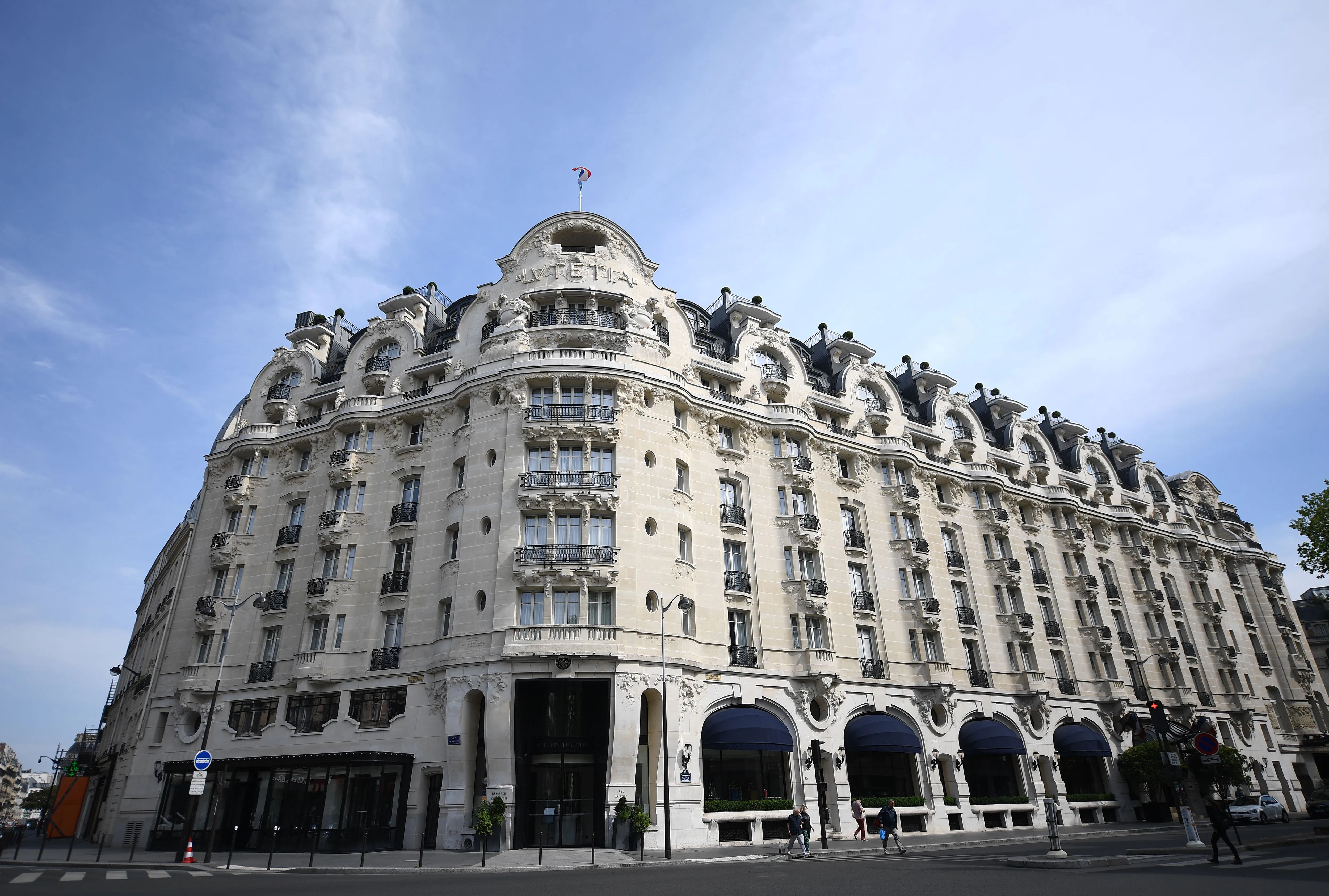 This picture taken on April 20, 2020, shows the entrance of the closed luxury hotel "Lutetia" in Par...