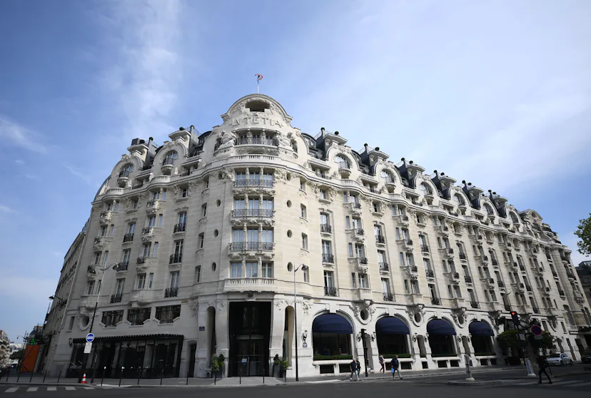 This picture taken on April 20, 2020, shows the entrance of the closed luxury hotel "Lutetia" in Par...