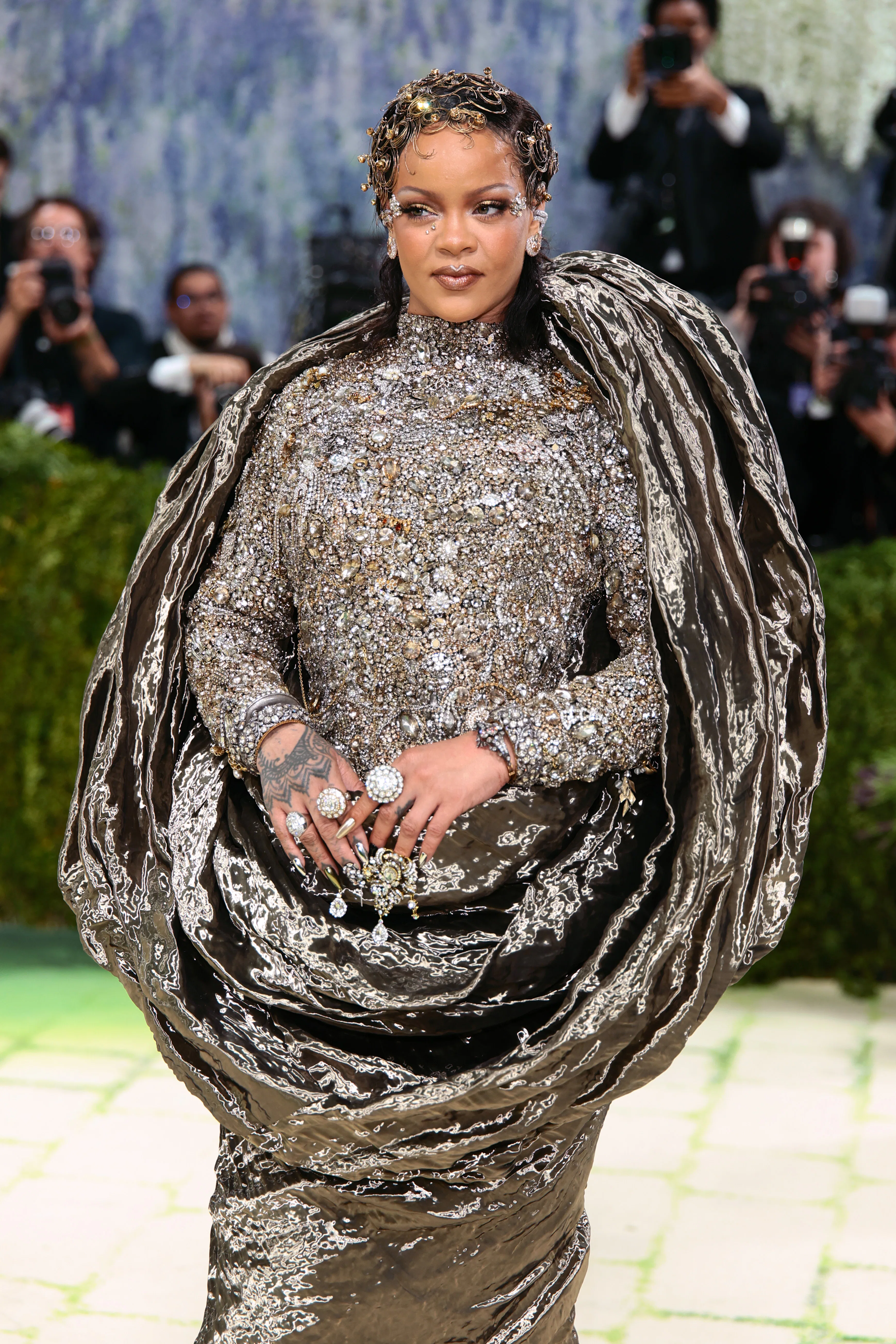 NEW YORK, NEW YORK - MAY 04: Rihanna attends the 2026 Met Gala celebrating "Costume Art" at the Metr...
