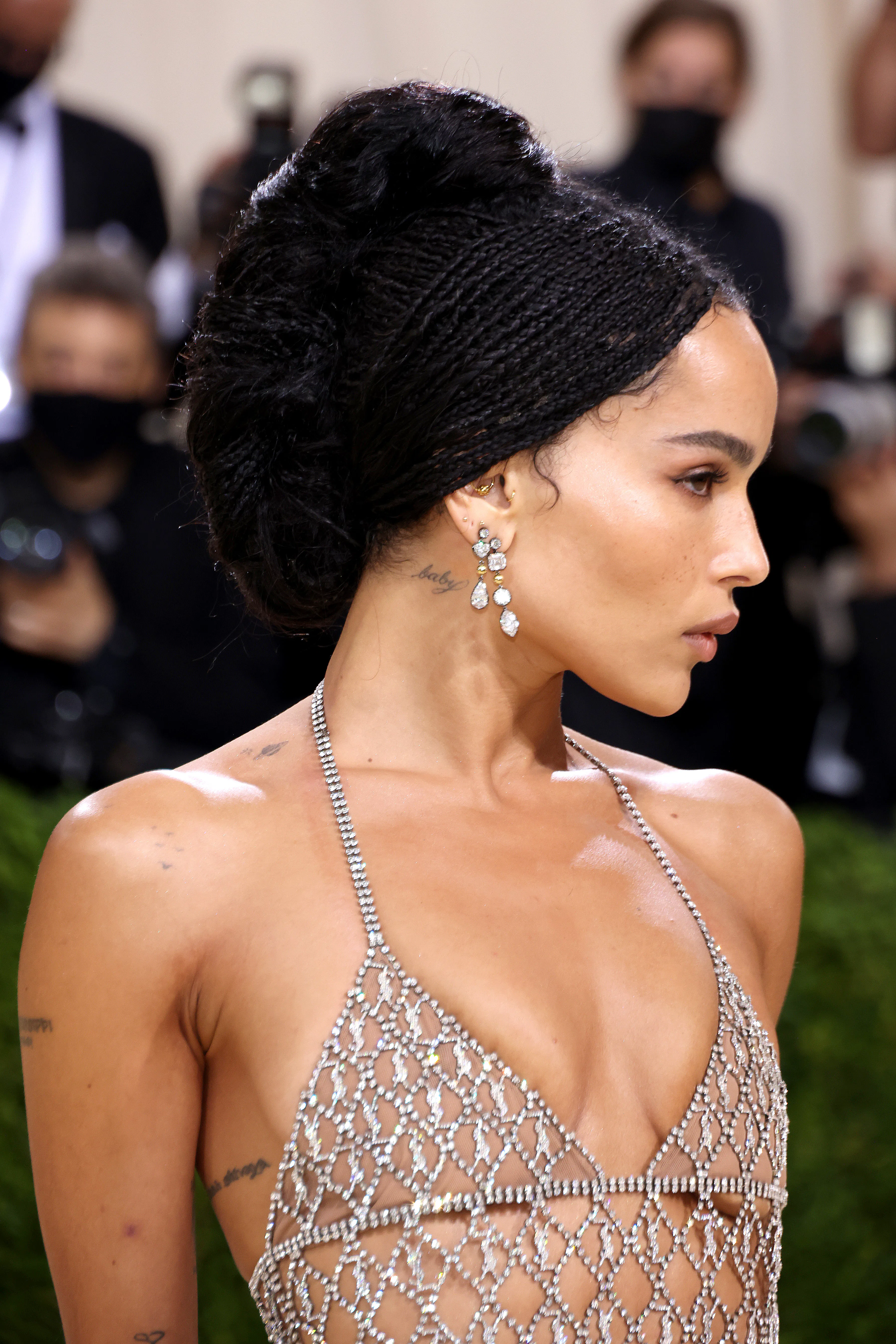 Zoe Kravitz attends The 2021 Met Gala with a box braid French twist