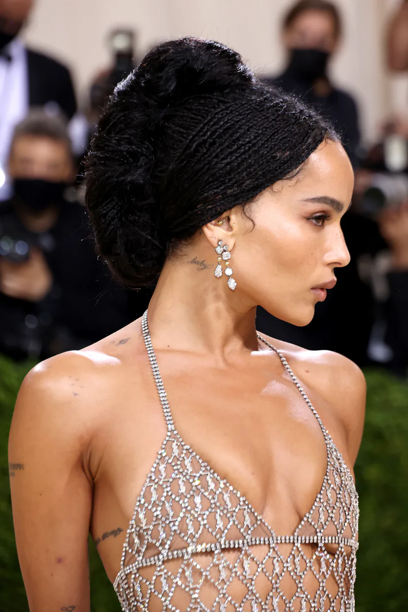 Zoe Kravitz attends The 2021 Met Gala with a box braid French twist