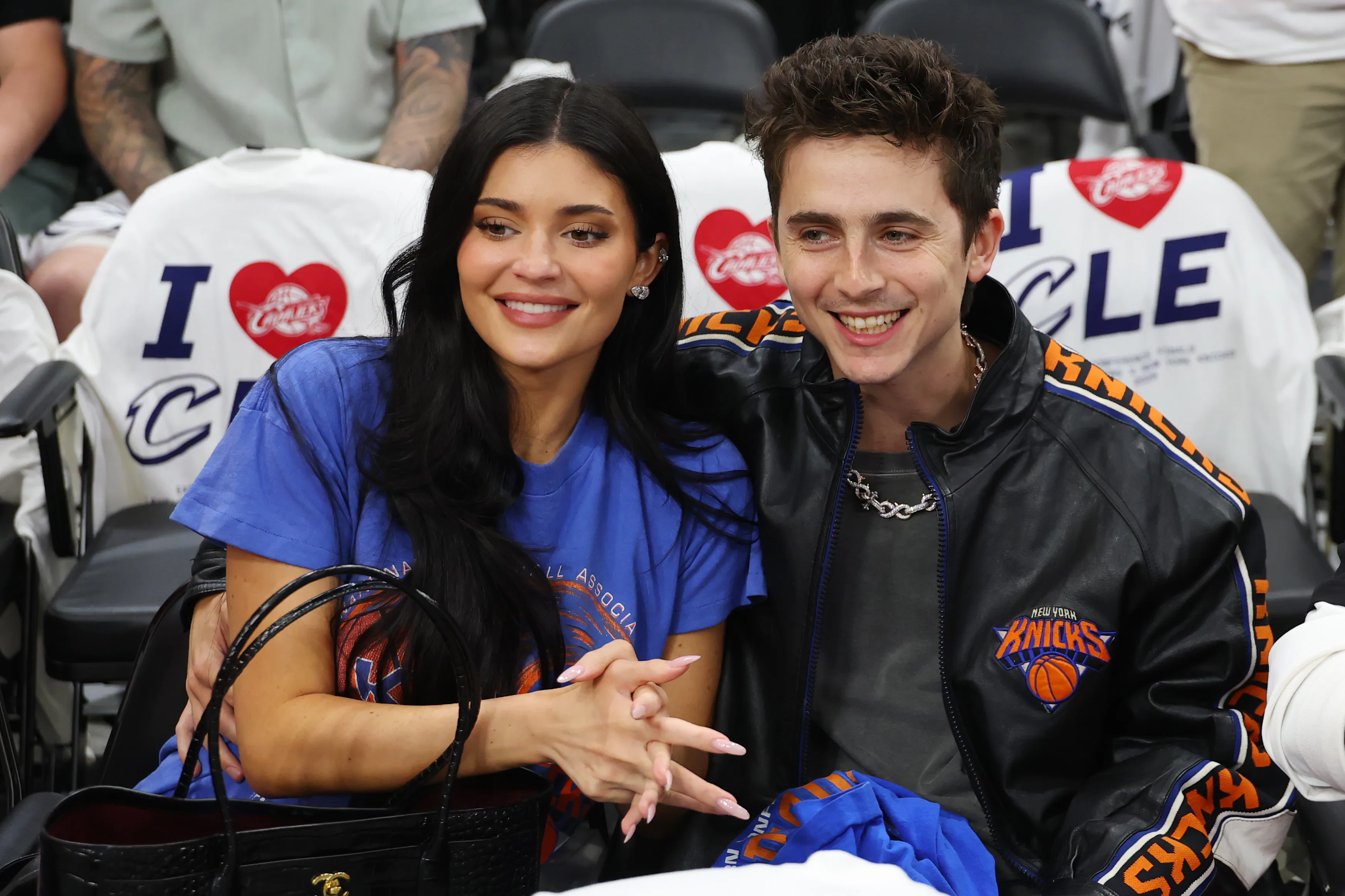 CLEVELAND, OHIO - MAY 25:  Kylie Jenner and actor Timothée Chalamet attend Game Four of the NBA East...
