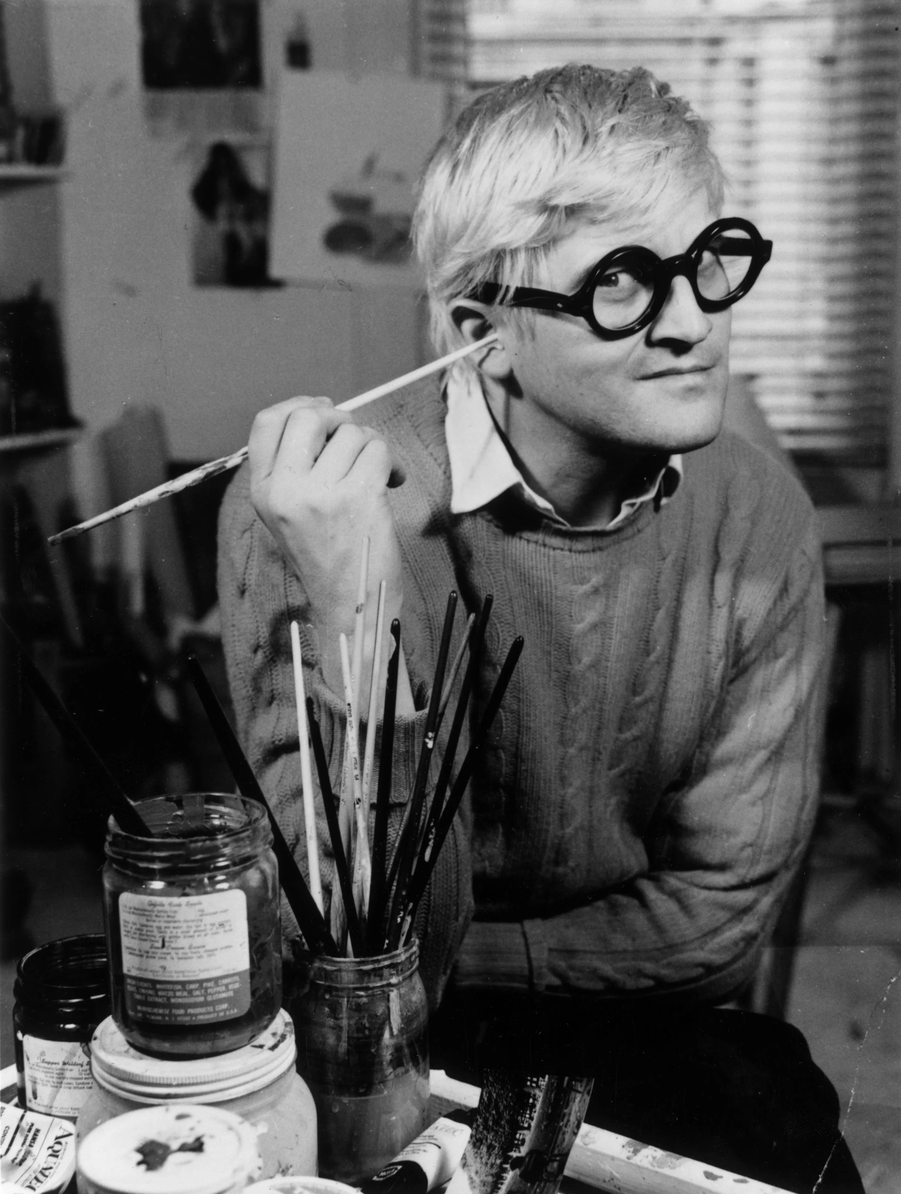 English pop artist, printmaker, stage designer and photographer David Hockney in his Bayswater studi...
