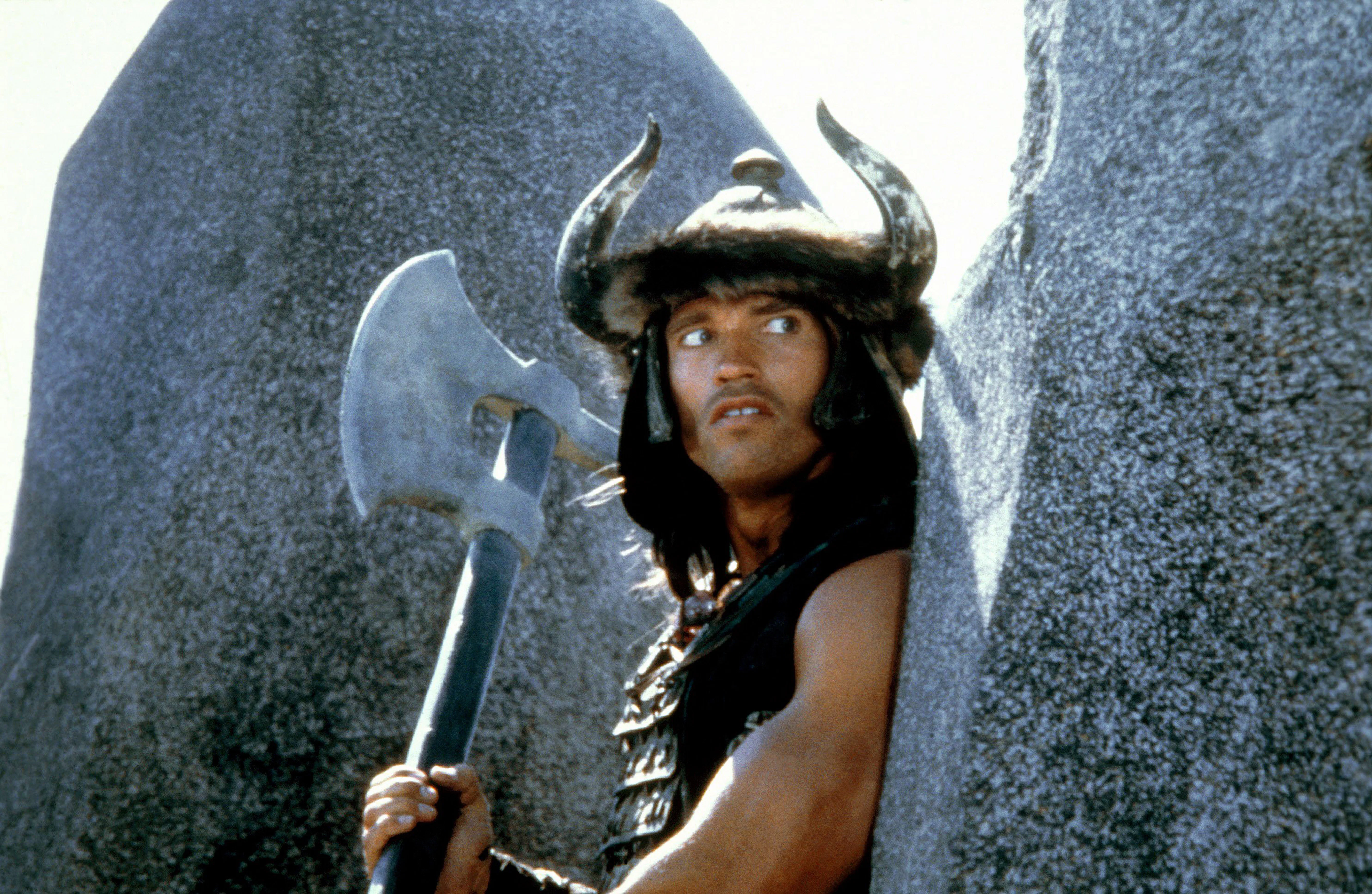 Austrian-born American actor Arnold Schwarzenegger on the set of Conan the Barbarian, directed by Jo...