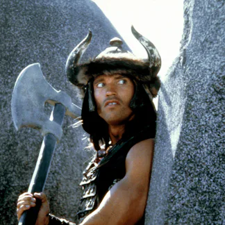 Austrian-born American actor Arnold Schwarzenegger on the set of Conan the Barbarian, directed by Jo...