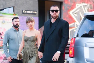 NEW YORK, NEW YORK - MAY 16: Taylor Swift and Travis Kelce out in Brooklyn on May 16, 2026 in New Yo...