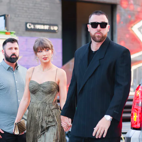 NEW YORK, NEW YORK - MAY 16: Taylor Swift and Travis Kelce out in Brooklyn on May 16, 2026 in New Yo...