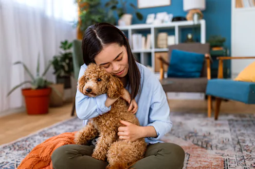 A woman enjoying quality time with her dog, showing affection while sitting in a comfortable home en...