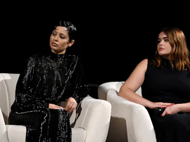 LOS ANGELES, CALIFORNIA - APRIL 20: (L-R) Alexa Demie and Barbie Ferreira speak onstage during the ...