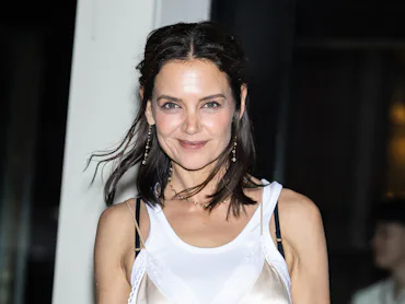 Katie Holmes' Slip Dress Styled Over A White Tank Top