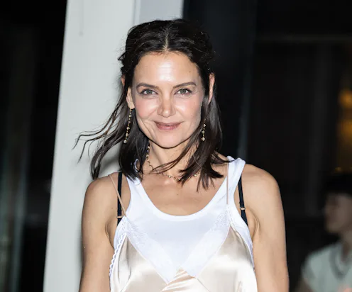 Katie Holmes' Slip Dress Styled Over A White Tank Top