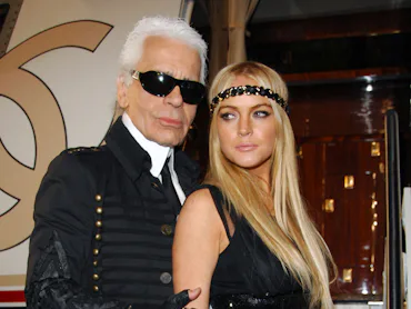 SANTA MONICA, CA - MAY 18: Karl Lagerfeld and Lindsay Lohan attend CHANEL Cruise Show L.A. - Post Sh...