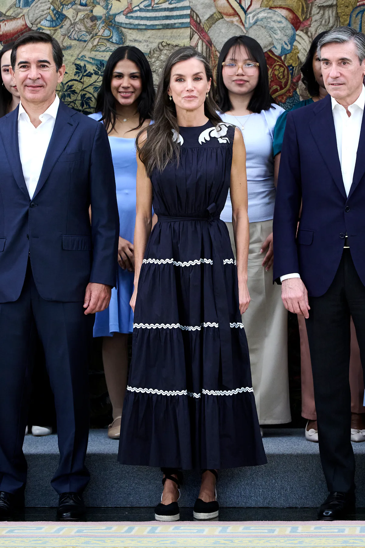 Queen Letizia Outfit Repeats in a Navy Sundress and Namesake Wedges