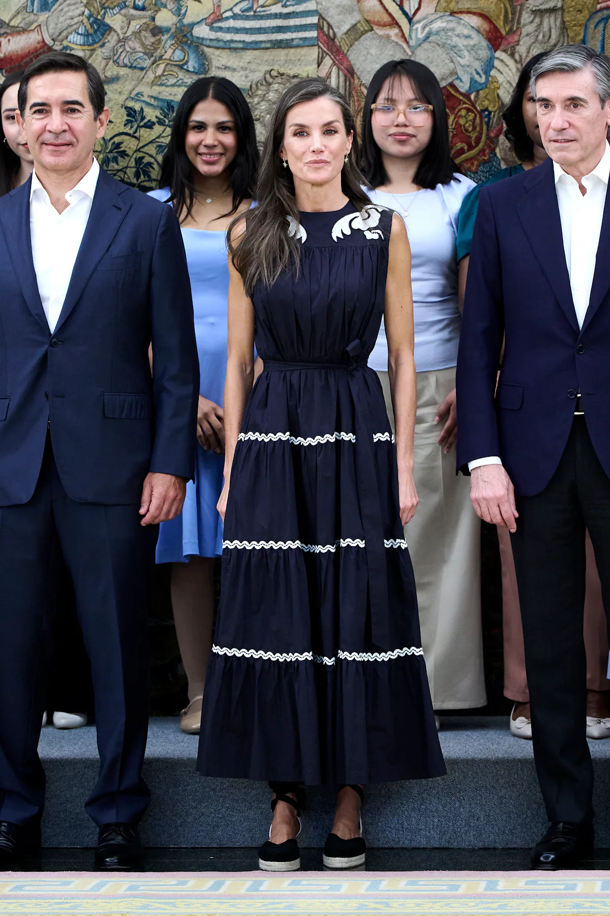 Queen Letizia Outfit Repeats in a Navy Sundress and Namesake Wedges