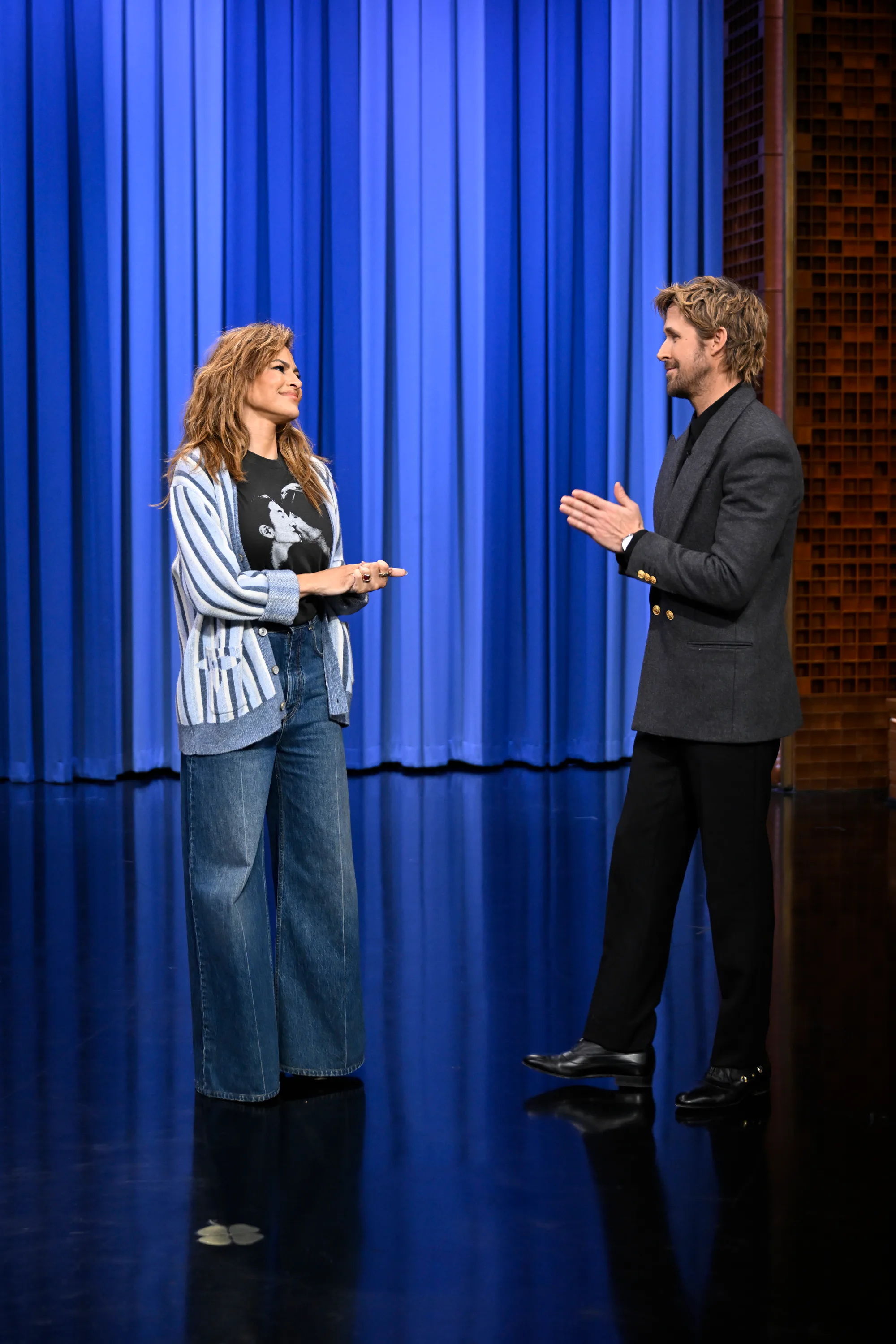 THE TONIGHT SHOW STARRING JIMMY FALLON -- Episode 2261 -- Pictured: (l-r) Actress Eva Mendes and act...