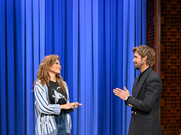 THE TONIGHT SHOW STARRING JIMMY FALLON -- Episode 2261 -- Pictured: (l-r) Actress Eva Mendes and act...