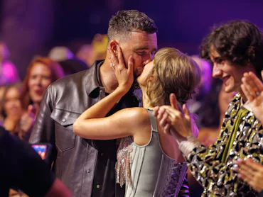 Taylor Swift and Travis Kelce at the 2026 iHeartRadio Music Awards held at Dolby Theatre on March 26...