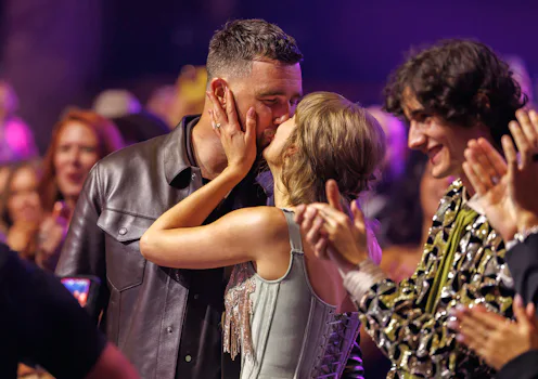 Taylor Swift and Travis Kelce at the 2026 iHeartRadio Music Awards held at Dolby Theatre on March 26...