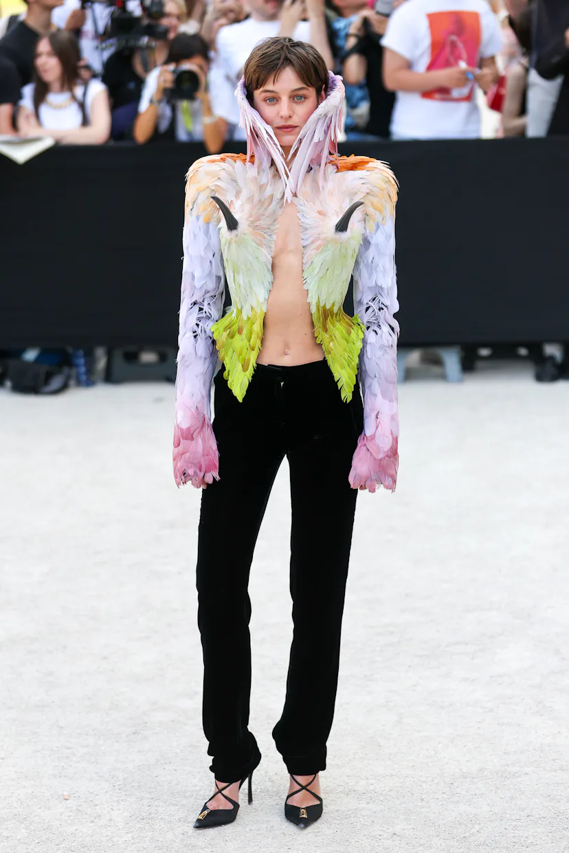 PARIS, FRANCE - JULY 06: Emma Corrin attends the Schiaparelli Haute Couture Fall/Winter 2026/2027 sh...