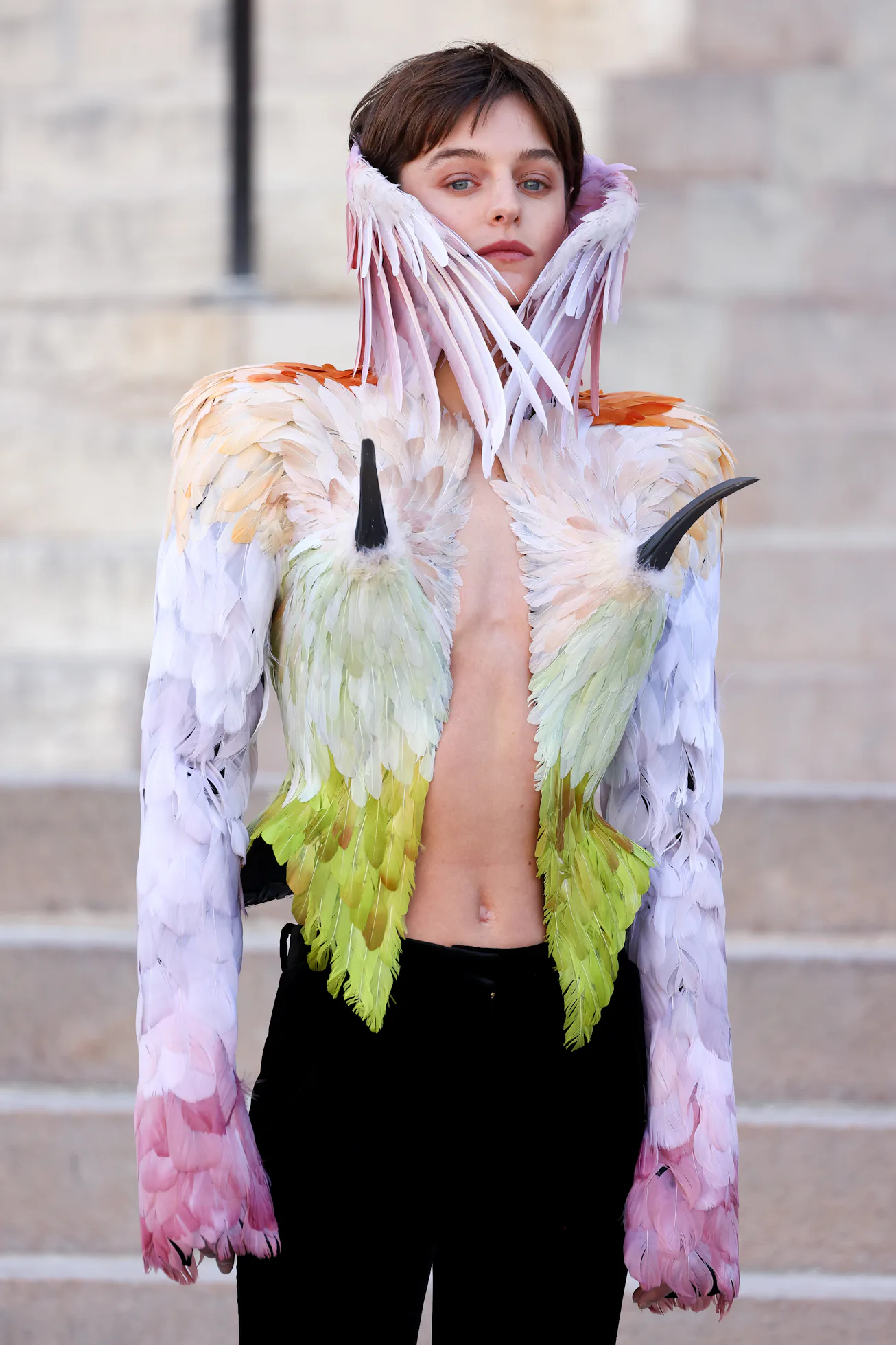 PARIS, FRANCE - JULY 06: Emma Corrin attends the Schiaparelli Haute Couture Fall/Winter 2026/2027 sh...