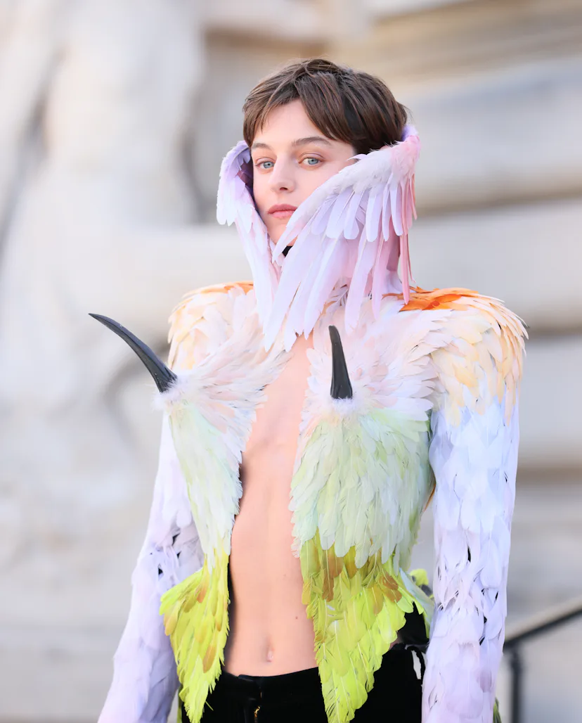 PARIS, FRANCE - JULY 6: Emma Corrin attends the Schiaparelli Haute Couture Fall/Winter 2026/2027 sho...