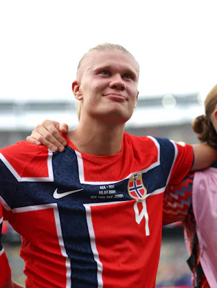 EAST RUTHERFORD, NEW JERSEY - JULY 05: Erling Haaland #9 of Norway celebrates after the 2-1 victory ...