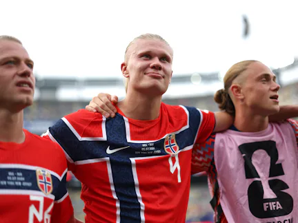 EAST RUTHERFORD, NEW JERSEY - JULY 05: Erling Haaland #9 of Norway celebrates after the 2-1 victory ...