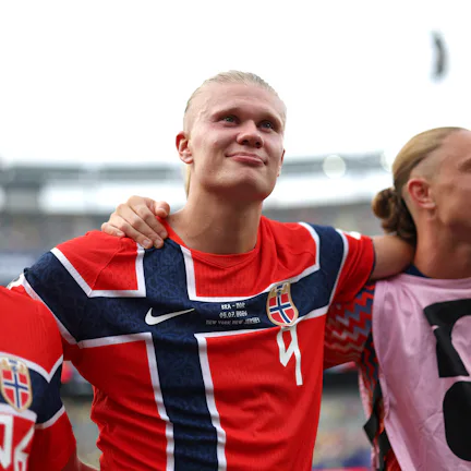 EAST RUTHERFORD, NEW JERSEY - JULY 05: Erling Haaland #9 of Norway celebrates after the 2-1 victory ...