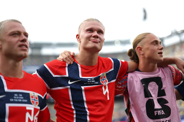EAST RUTHERFORD, NEW JERSEY - JULY 05: Erling Haaland #9 of Norway celebrates after the 2-1 victory ...