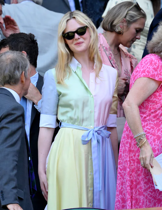 LONDON, ENGLAND - JULY 08: Elle Fanning during day ten of the 2026 Wimbledon Tennis Championships at...
