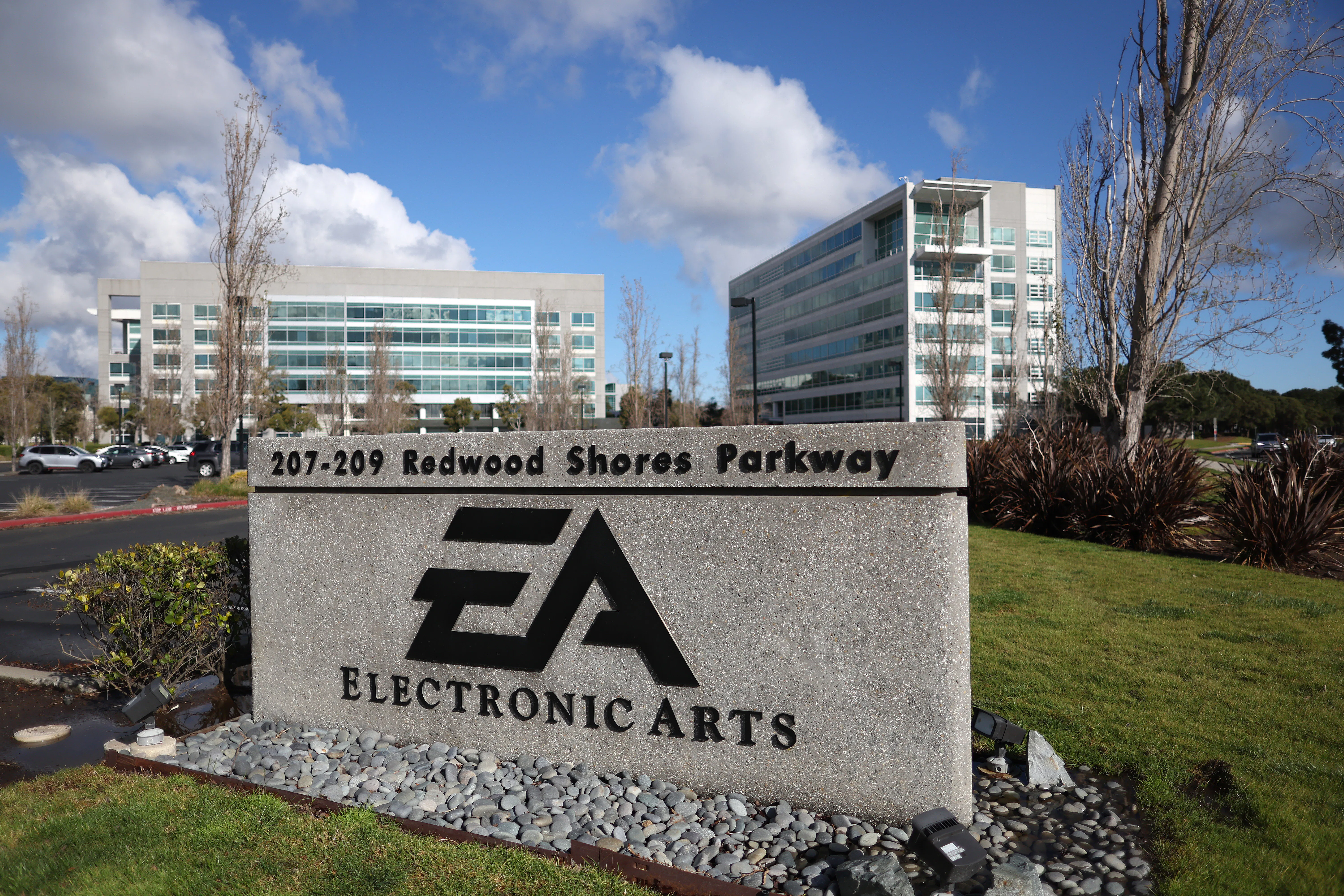 REDWOOD CITY, CALIFORNIA - MARCH 30: A sign is posted in front of Electronic Arts (EA) headquarters ...
