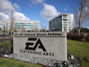 REDWOOD CITY, CALIFORNIA - MARCH 30: A sign is posted in front of Electronic Arts (EA) headquarters ...