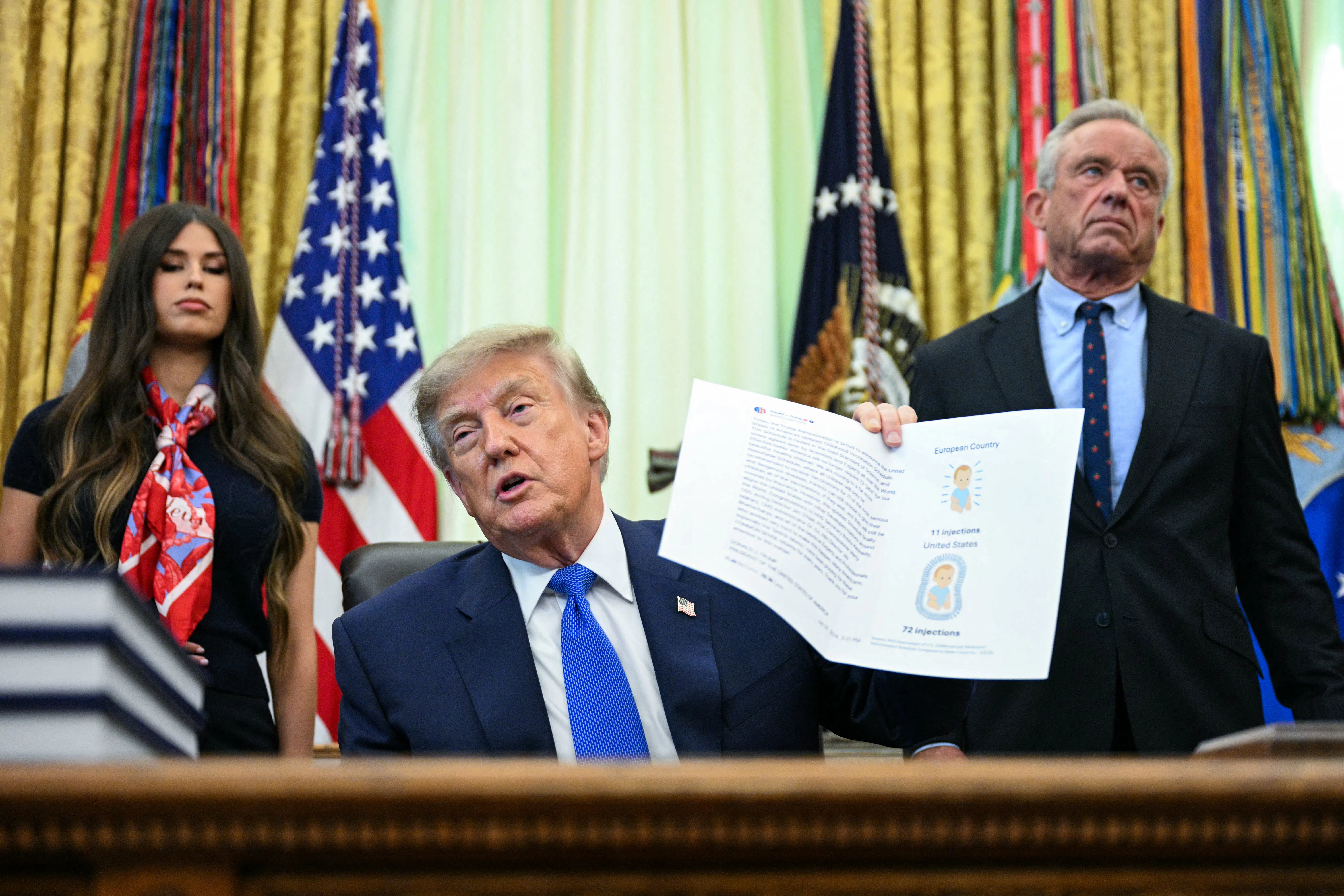 US Secretary of Health and Human Services Robert F. Kennedy Jr. (R) looks on as President Donald Tru...
