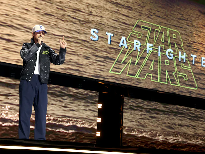 ANAHEIM, CALIFORNIA - AUGUST 14: Ryan Gosling speaks onstage at the Disney Entertainment Showcase at...
