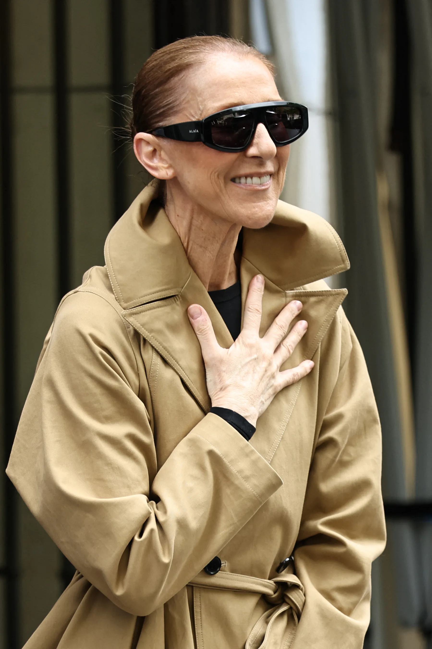Canadian singer Celine Dion acknowledges fans as she arrives at Hotel Le Royal Monceau in Paris on A...