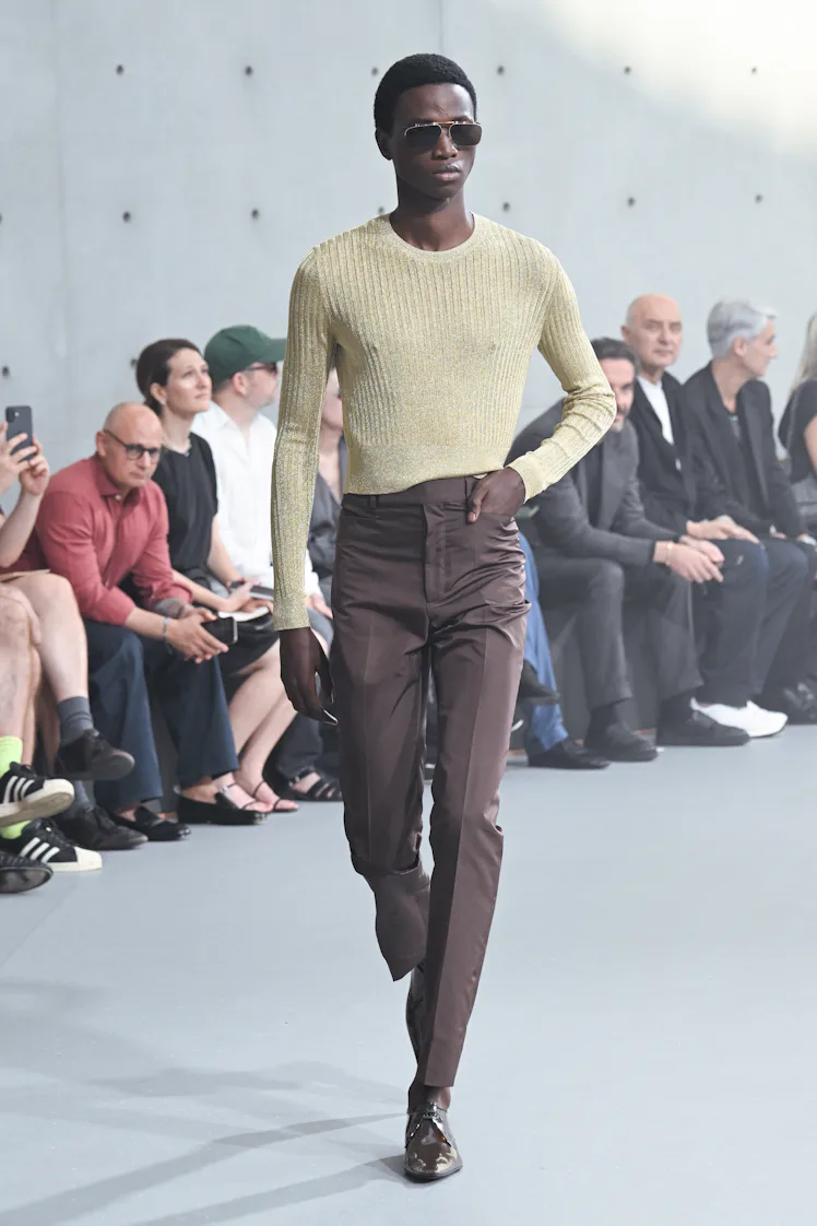 Model on the runway on the runway at the Saint Laurent fashion show as part of Paris Men's Spring-Su...